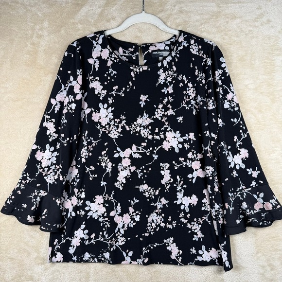 Karl Lagerfeld Paris Tops - Karl Lagerfeld Paris Womens Black Pink Floral Bell Sleeve Blouse Medium Feminine